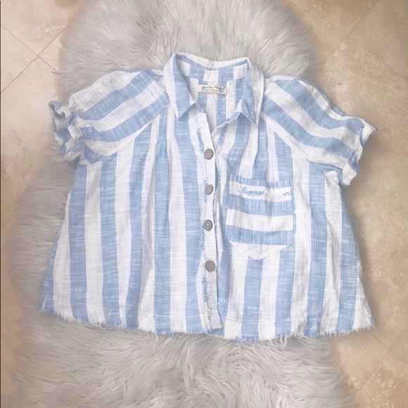 Free People Away At Sea Blue Striped Cotton Top - Picture 6 of 9